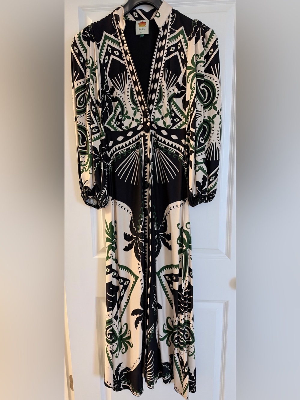 FARM Rio Black Green Graphic Print Long Sleeve Maxi Dress XS